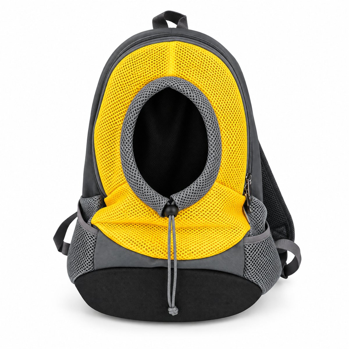 Mochila amarilla de transporte con malla — vista frontal retocada