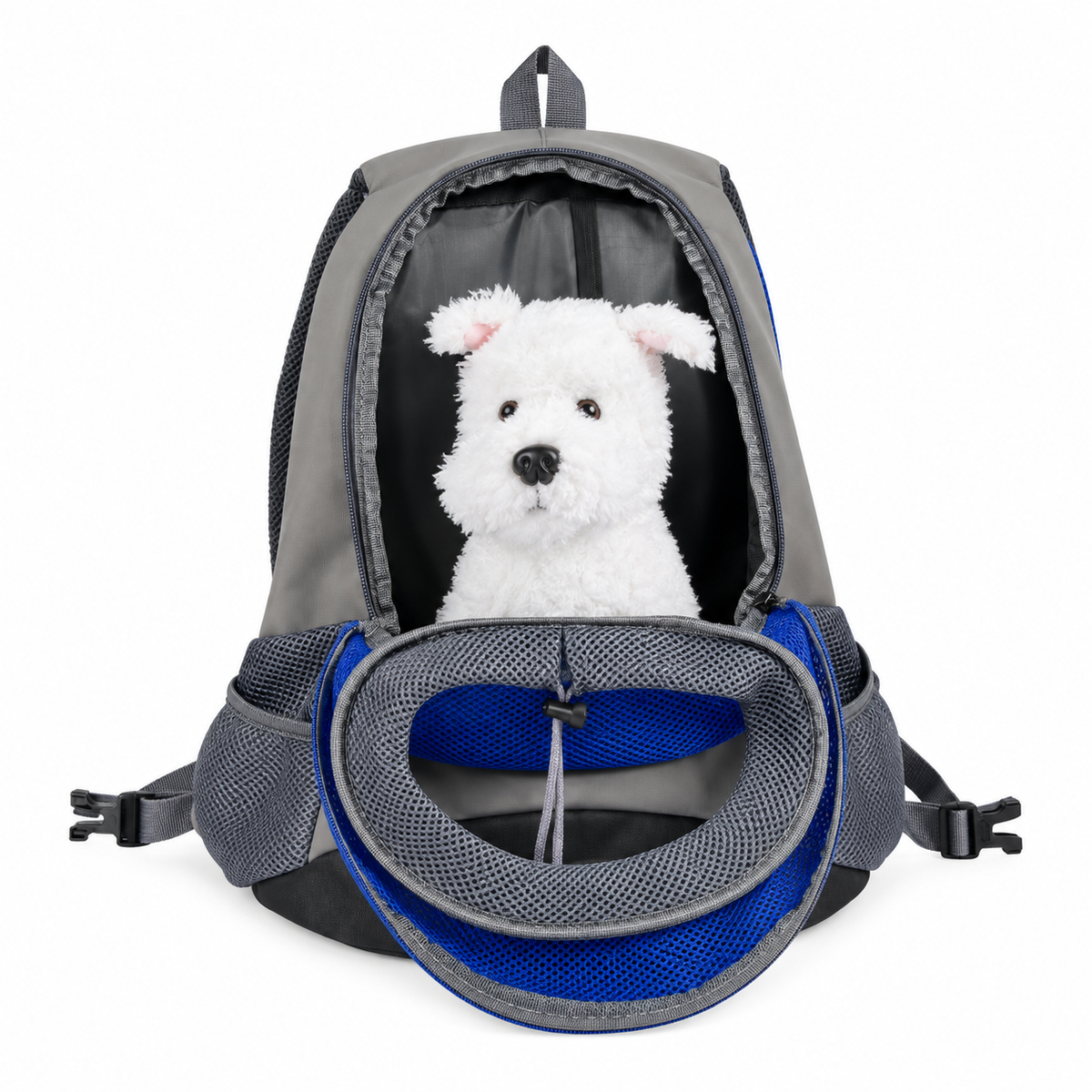 Mochila abierta con peluche de demostración — imagen retocada